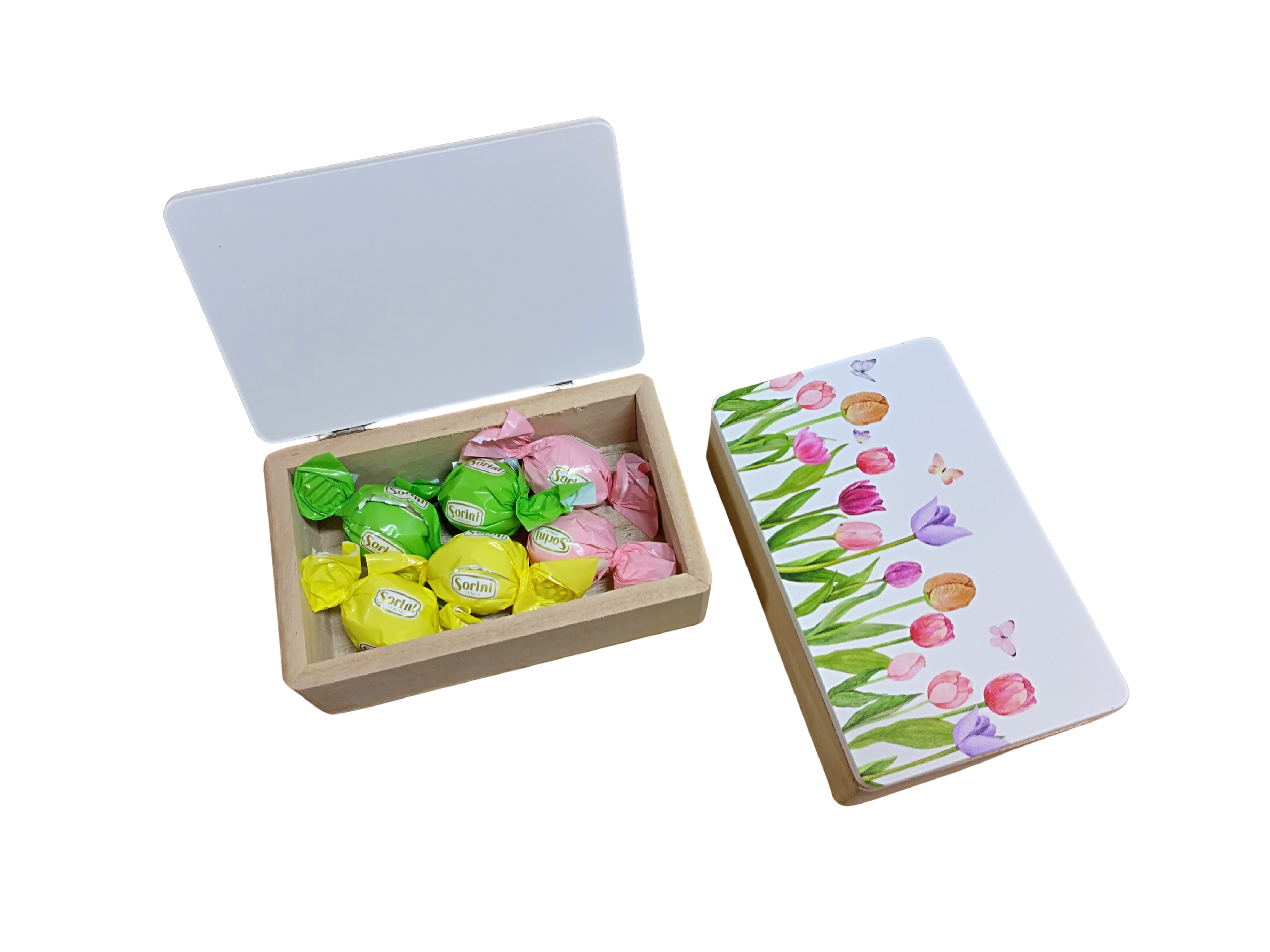 Směs čokoládových bonbonů Tulipány v dřevěné dóze [Top-Čokoláda, 80 g]